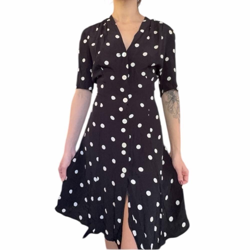 Mondi Silk Polka Dot Dress Black White Button Front Fit & Flare Midi